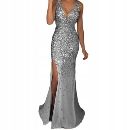 Elegant lang aftenkjole for damer med splitt og gulltrykk - Lang kjole Aftenkjole sølv