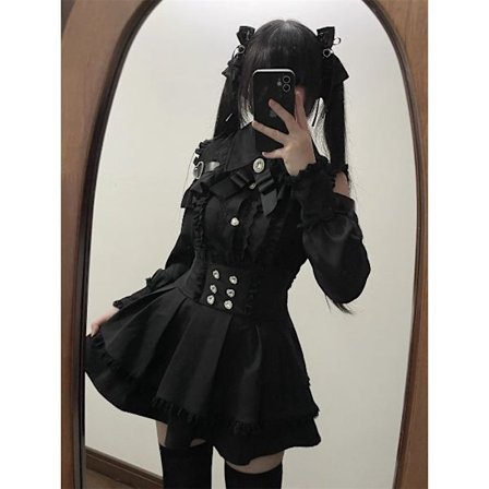 Tumma Lolita Off-the-Shoulder -pusero + Korkeavyötäröinen Hame Kaksiosainen Setti, Sopii Esiintymisiin ja Cosplayhin