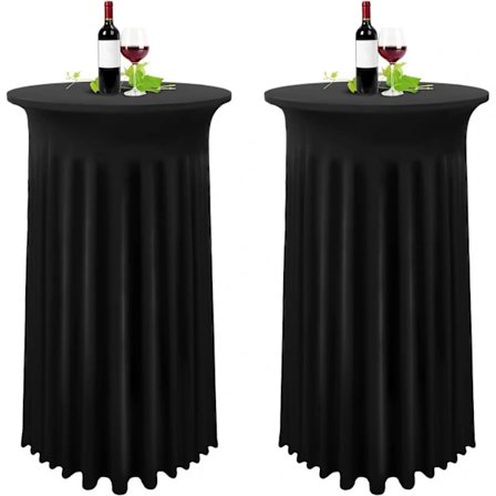 Set med 2 svarta överdrag för höga bord, duk för ståbord 80 x 110 cm, svart stretch plisserad kjolduk i spandex