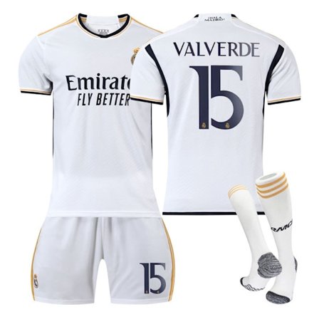 23-24 Ny Real Madrid hjemmebanetrøje til børn og voksne, 15. klasse, med strømper