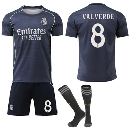 (AZC)2025-2026 Real Madrid Ny Sesong Bortedrakt Barn Voksen Fotballdrakt Kit med Sokker No.8 VALVERDE No.8 VALVERDE