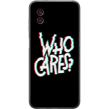 Kompatibelt Mobildeksel til Samsung Galaxy Xcover6 Pro Glitch typografi med teksten "who cares" i rødt og cyan på en svart minimalistisk bakgrunn.