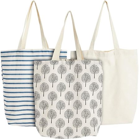 Bomulls handleposer (sett med 3) - robuste bæreposer med håndtak - 3 forskjellige design - stoffposer til shopping, transport