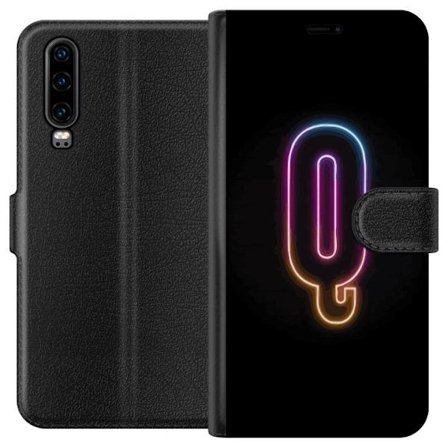 Kompatibel Tegnebogsetui til Huawei Huawei P30 Minimalistisk neonbogstav Q i lyse farver mod mørk baggrund