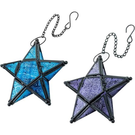Glass Star Lantern Hengende Ornamenter - Telys Lantern Vindu Hengende Stue Terrasse Balkong Dekor Vintage, Blå + Lilla