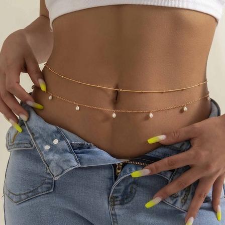 Strandbikini magekedja pärla tofs skiktad midjekedja små pärlor kroppskedja sommar sexig kroppskedja smycken för kvinnor och flickor presenter (guld)