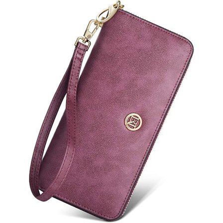 Ko Læder Clutch Punge til Kvinder Bifold Punge Store Punge med Lynlås, Koskind Dame Telefon Etui Tasker med Håndledsrem Kortholder (Lilla)