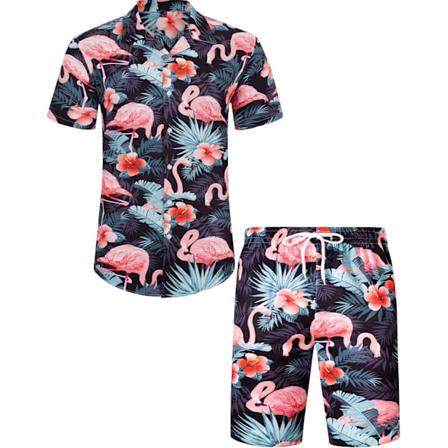 Herresæt med hawaiiskjorte og shorts - Regular Fit - Kortærmet - Casual - Funky - Strand - Flamingo XXL Black Dark Flamingo
