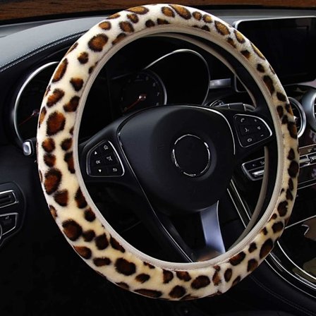 Chic Leopard Print Fluffy Plush Rattmuff for Bil Styring Myk Vinter Varm Bil Rattmuff Beskyttelse Stretch På Universal Passform 37-39cm-FA2-