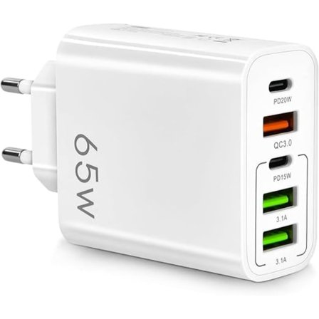 Flera Laddare 65W 5 USB-Portar C, QC3.0, USB C PD20W Adapteri, Flera Laddare, Nopeampi ja Turvallisempi Lataus. Yhteensopiva Kaikkien Matkapuhelimien 