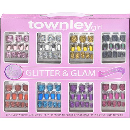 Flicka 96 st. Glitter Glamup och Metallic Nails Press-On Set med konstgjorda falska naglar med full täckning