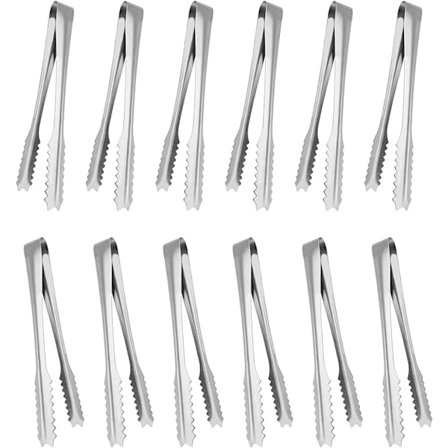 12 stk. Multifunktionelle Tang i Rustfrit Stål, Istænger, Sliktænger, Mini Serveringstænger, Madtænger i Metal, til Sukker, Kiks, Is, Buffet, Grillbar