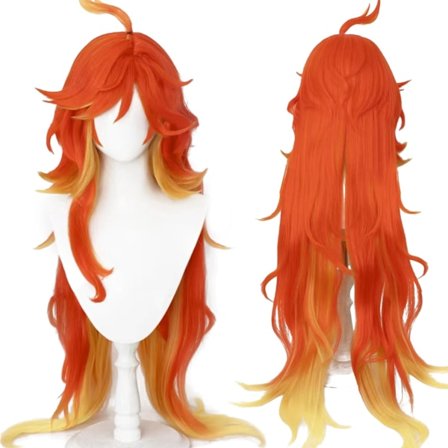 Cosplay- parykk Genshin Impact Mavuika Parykk Anime Kostyme Langt Oransje Bølget Hår med Pannelugg for Kvinner Halloween Familiefest