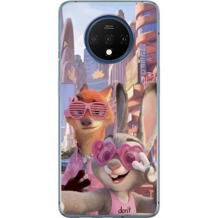 Kompatibelt Mobildeksel til OnePlus OnePlus 7T Animerede dyr i et solfylt bymiljø med rosa solbriller og en positiv melding i en fargerik feel-good s