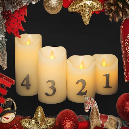 QQ-Adventslys LED - 4 stk. - 9/10/12,5/15 cm - m/3D flamme