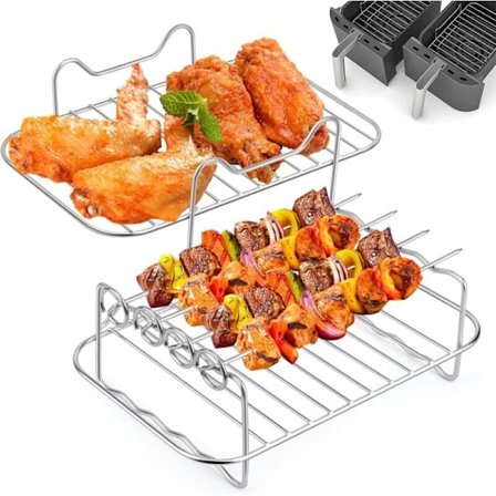 304 Rustfrit Stål Airfryer Tilbehør, Dobbeltlags Multifunktionelt Stativ med Spyd Kompatibelt med Ninja Foodi AF300EU / AF400EU, Airfryer Tilbehør