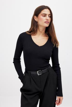 NA-KD Ribbed Knitted V-Neck Top - Stickade toppar - Svart - XL (EU 46)