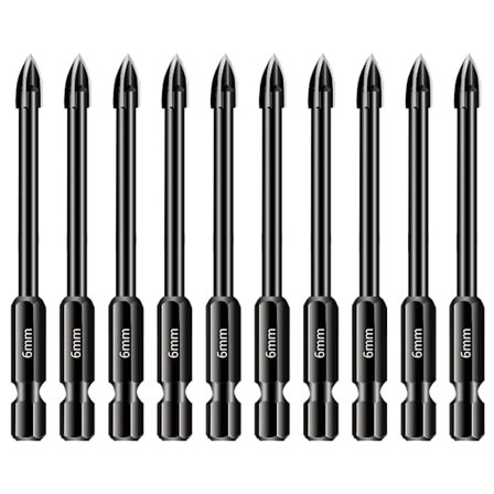 10 stk. 6 mm glas- og fliseboresæt, 1/4 hex-skaft, hårdmetalspids, boreværktøj til porcelæn, keramik, spejle