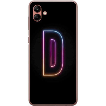 Kompatibel Mobilcover til Samsung Samsung Galaxy A04 Minimalistisk neonbogstav D i farveskiftende lys mod sort baggrund i moderne digital design