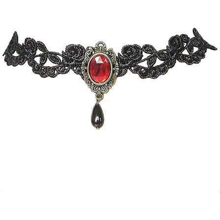 Goottilainen musta choker-pitsi kaulakoru Royal Court Vampire Choker -kaulakoru punainen strassi ja musta pisarakoru (punainen)(punainen)