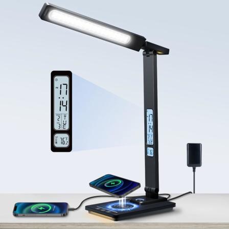 LED med trådløs oplader og USB-opladningsport, øjenbeskyttelse, dæmpbar, 5 farver