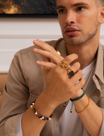 Nialaya Men's Gold Signet Ring With Onyx - Black - 70