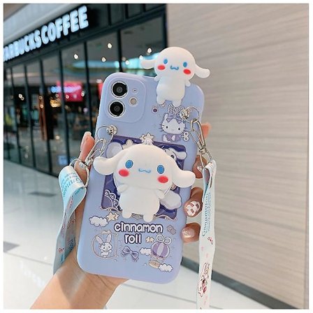 Sanrio Cinnamoroll 3D-deksel kompatibelt med iPhone 14 13 12 11 Pro Max X Xr Xs 7 8 Plus Søt hundeøre-pannebånd Tegneserie-deksel Lanyard Speil og Tau