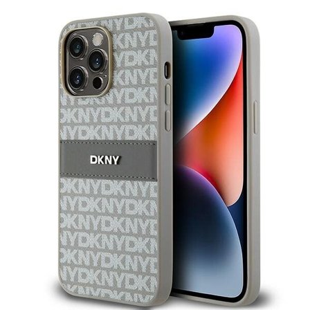 DKNY läderfodral med monostripe och metallogo för iPhone 14 Pro Max - beige