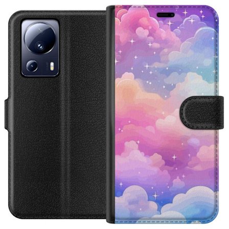 Kompatibelt Lommeboketui til Xiaomi 13 Lite Søt enhjørning med regnbuefarget hår mot en stjernebelagt pastellbakgrunn i kawaii-stil