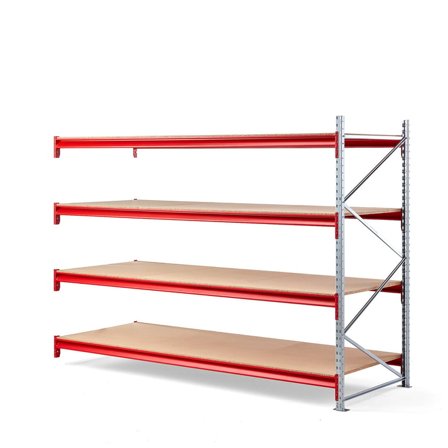 Widespan shelving TOUGH, add-on unit, 2000x2750x1000 mm, 4 wooden shelves