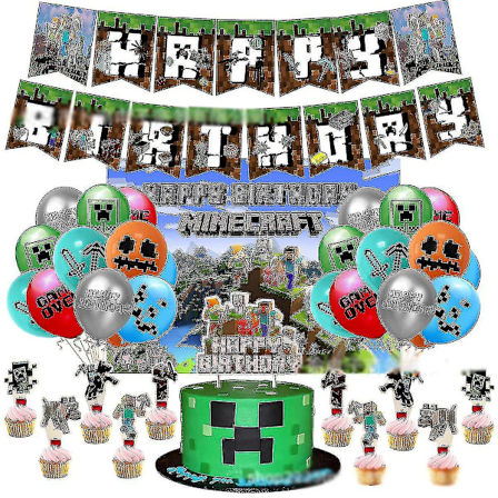 Minecraft-speltema Grattis på födelsedagen Party Decor Ballong Banner Bakgrund Tyg Cake Toppers Kit