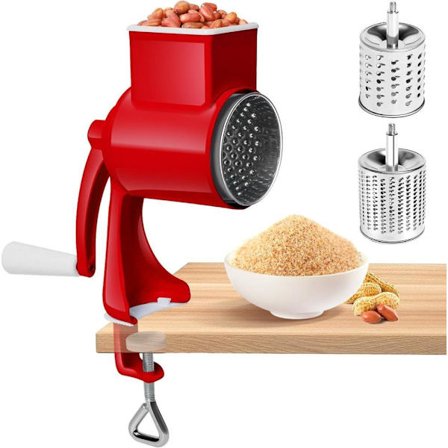 Manuell nøttekvern med 2 avtakbare trommelblader, osthøvel med sveiv, peanøttkvern, mandelkvern