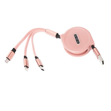 3 i 1 Multi Retractable Charger Cable 3A med TypeC/til IOS/Micro USB Connector 1.1M(Pink )