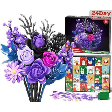 24-dages julekalendergave - Lilla Rose Byggeklodssæt - Til familie/venner/børn - Gotisk botanisk dekorativt boligornament, 822 dele
