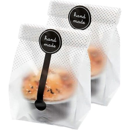 Ghyt 50 kpl Läpikuultava muovipussi/sellofaanipussi ja 50 kpl käsintehtyjä tarroja kekseille, kakuille, suklaalle, makeisille, välipalojen 