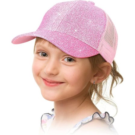Flickhatt med glitter för flickor, basebollkeps med hästsvans för små flickor med högt bullhål, visirkeps