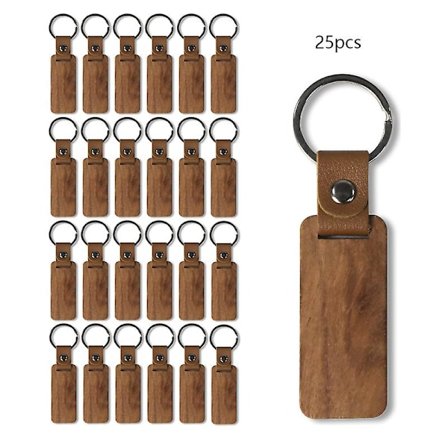 25 stk. Læder Træ Nøglering Blanks, Træ Nøglering Blanks med Læderrem, Ufærdig Træ