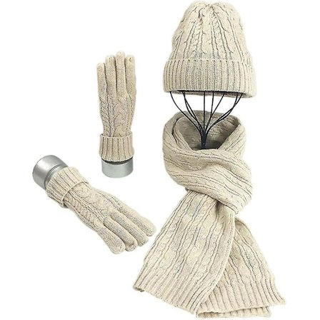 Hatt, skjerf og votter sett for kvinner - Myk og varm strikket lang skjerf, 3 i 1 vinter tykk strikket sett