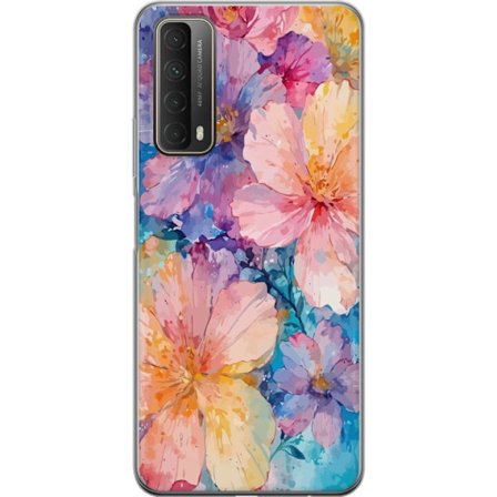 Yhteensopiva Puhelinkuori Huawei Huawei P smart 2021 Vesivärimaalaus suurilla kukilla vaaleanpunaisissa, sinisissä ja keltaisissa sävyissä pehmeä