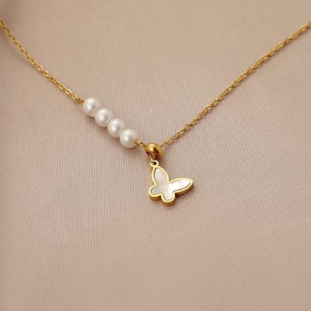 Guldbelagt perlemor sommerfugle halskæde med perler i guld