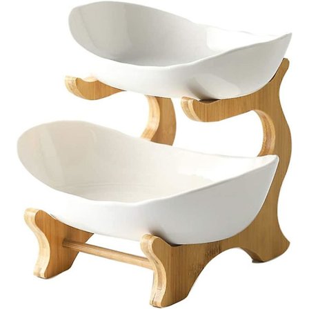 Dubbelskiktad serveringsbricka i porslin med fruktkorg i keramik, serveringsbricka för grönsaker, dessert, aptitretare, tårtfat med trästativ för 