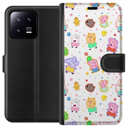 Kompatibelt Lommeboketui til Xiaomi 13 Fargerike tegneserie dyrekarakterer i en leken stil med stjerner og prikker på en lys bakgrunn