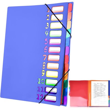 A4 Dokumentmappe, Bærbar ekspanderende mappe med 12 rum, PP-plast skrivebordsmappe med elastikbånd, Vandtæt, til skole- og kontorartikler