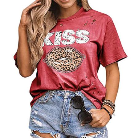 Print För Damer Tunika Blus Hollow Out T-shirt