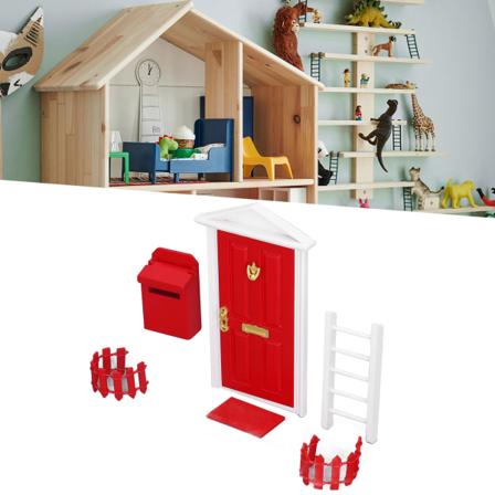 Miniatyr dørsett i tre med utsøkt utførelse, levende detaljer, mettet farge, liten tre-tannfe-dør for 1:12 dukkehus, rød