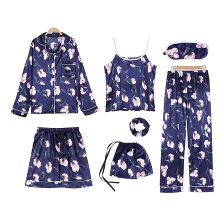 7st Nattkläder Set Printed Nattklänning Kostym Kvinna Vest Shorts