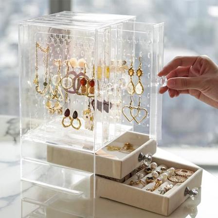 Orgrimmar Akryl Smykkeopbevaringsboks Øreringsdisplay Stativ Organizer Holder med 3 Lodrette Skuffer (Transparent)