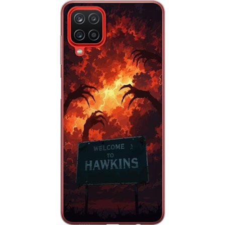 Kompatibel Mobilcover til Samsung Galaxy A12 Mørk apokalyptisk fantasy scene med brændende himmel og Hawkins-skilt i Stranger Things-stil