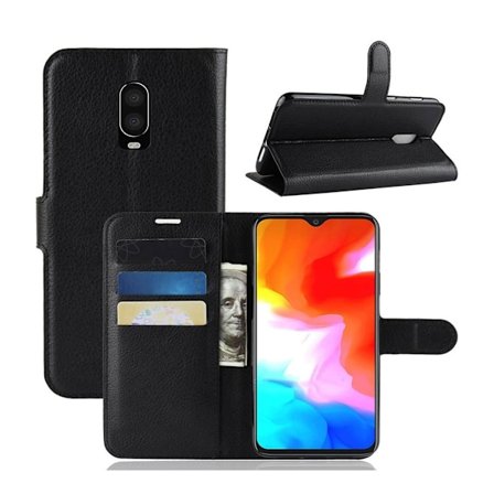 OnePlus 6T beskyttelses deksel av syntetisk skinn med litchi tekstur - svart