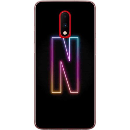 Kompatibel Mobilcover til OnePlus OnePlus 7 Minimalistisk neonbogstav N i farveskiftende lys mod sort baggrund
